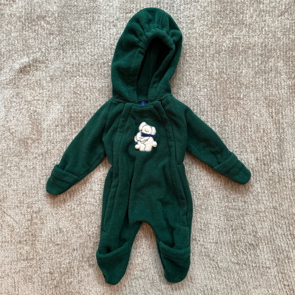 Vintage Carter’s Green Fleece Baby Bunting Suit 3–6M Hooded Bear Applique
